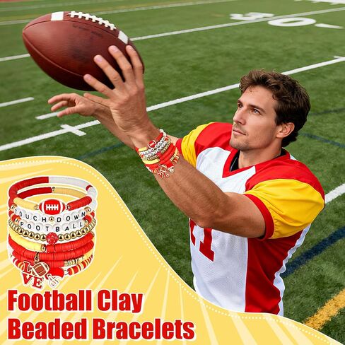 Game Day Football Bracelets for Women - Green and White Friendship Clay Beaded Stretch Bracelets,Stackable Sports Fans Charm Bangles,Football Mom Accessories Football Gifts for Matches in Saudi Arabia