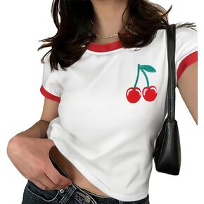 Pink Bow Cherries Shirt Women: Coquette Tops Clean Girl Aesthetic Shirts Casual Summer Short Sleeve Tshirt in Kuwait