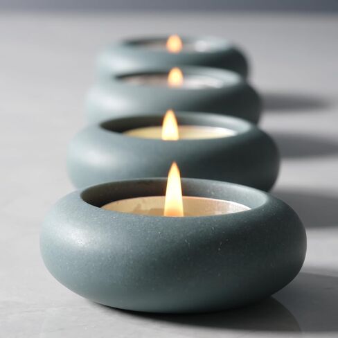 Handmade Decorative Pebble Tealight Candle Holders Set of 8 - Handcrafted Home Decor Accent for Calming Earthy Aesthetic Cement Peacock Blue Diameter 2.6 inches in Saudi Arabia