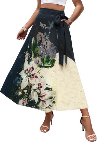 تعادل تنورة الصيف الصيفية المرنة المرنة المرنة للسيدات بخط الأزهار العصرية تتدفق التنانير الطويلة in Kuwait