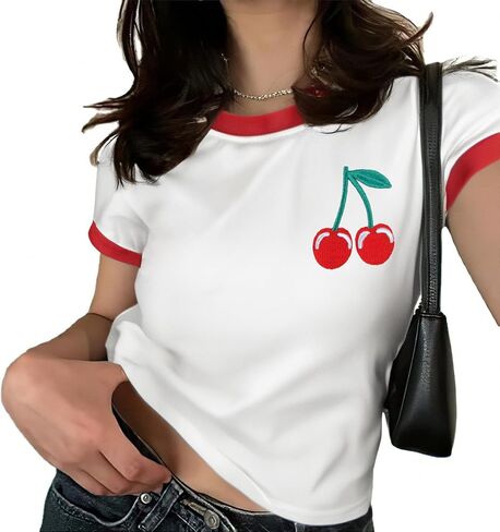 Pink Bow Cherries Shirt Women: Coquette Tops Clean Girl Aesthetic Shirts Casual Summer Short Sleeve Tshirt in Kuwait