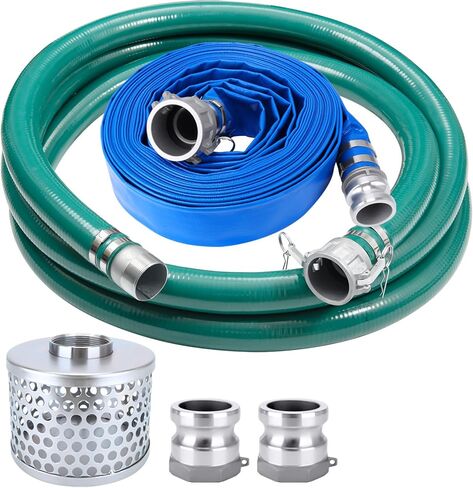 3 inch suction discharge hose pump kit for water/trash pump includes 3" x 65ft blue backwash hose & 3"x20ft green pvc hose & aluminum round hole suction strainer, cam and groove lock fitting adapter in Kuwait