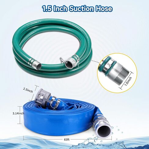 3 inch suction discharge hose pump kit for water/trash pump includes 3" x 65ft blue backwash hose & 3"x20ft green pvc hose & aluminum round hole suction strainer, cam and groove lock fitting adapter in Kuwait