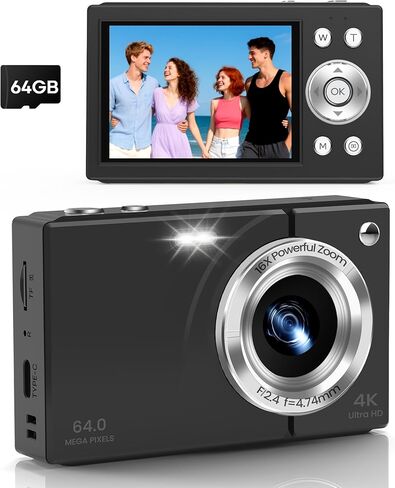 الكاميرا الرقمية ، كاميرا Vlogging 4K مع التركيز التلقائي ، 64 ميجابكسل ، تكبير 16x ، بطاقة 64 جيجابايت متضمنة ، بطارية مدمجة ، كاميرا رقمية صغيرة للمبتدئين في سن المراهقة ، مثالية للسفر والوتيوب - أبيض in Kuwait