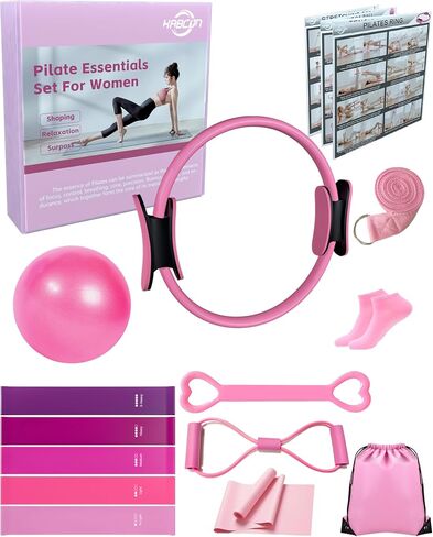 KABCON Pilates Ring Essentials Set for Women with 9.8" Exercise Ball,Elastic Bands, Yoga Socks, Carrying Bag, 13-Pcs Home Workout Set in Saudi Arabia
