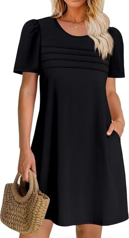 OFEEFAN Womens Pleated Front Dresses Fashion Spring Puff Sleeve Pockets Sundress Casual Summer in Saudi Arabia