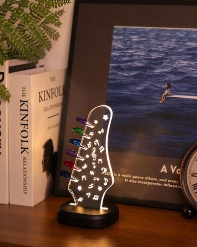 Light Up Guitar Pick Holder with 6 Guitar Picks, Acacia Wood & Acrylic Guitar Headstock Shaped Pick Holder Case for Guitar Pick Storage & Display, Guitar Music Accessories Gifts for Men Lover Player in Kuwait