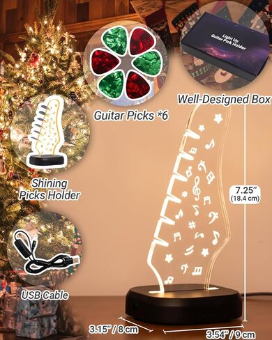 Light Up Guitar Pick Holder with 6 Guitar Picks, Acacia Wood & Acrylic Guitar Headstock Shaped Pick Holder Case for Guitar Pick Storage & Display, Guitar Music Accessories Gifts for Men Lover Player in Kuwait