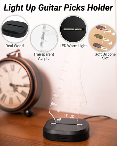 Light Up Guitar Pick Holder with 6 Guitar Picks, Acacia Wood & Acrylic Guitar Headstock Shaped Pick Holder Case for Guitar Pick Storage & Display, Guitar Music Accessories Gifts for Men Lover Player in Kuwait