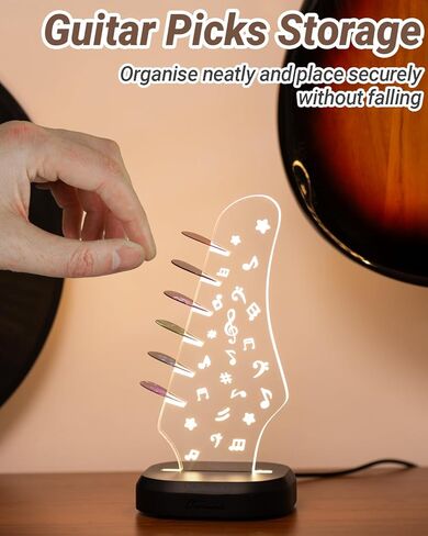Light Up Guitar Pick Holder with 6 Guitar Picks, Acacia Wood & Acrylic Guitar Headstock Shaped Pick Holder Case for Guitar Pick Storage & Display, Guitar Music Accessories Gifts for Men Lover Player in Kuwait