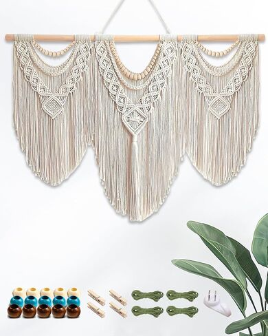 Large Macrame Wall Hanging – Boho Handmade Tapestry 43" x 32" with Wooden Beads & Rod for Living Room, Bedroom, Wedding & Apartment Decor (Includes 3-Color Beads, Clips & Green Cotton Rope for DIY) in Kuwait