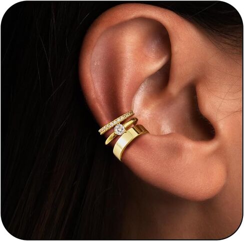 Gold Ear Cuffs Earrings for Women, Hypoallergenic 14k Gold Plated/Silver Cartilage Earring Set Dainty Cubic Zirconia Hoop Earrings Trendy Non Piercing Earrrings for Senstive Ears Gold Jewelry in Kuwait
