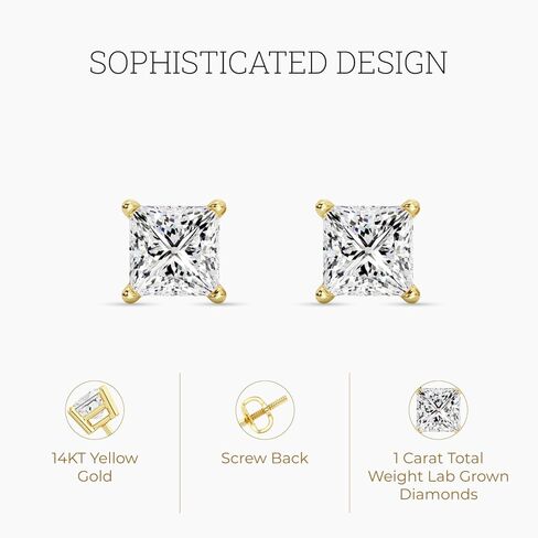 Gilded IGI Certified Lab-Grown Diamond 14KT White Gold and Yellow Gold Stud Earrings for Women| Hypoallergenic Fine Gold Jewelry | 4-Prong Basket, Screw Back Nut | VSI1 Clarity, E-F Color, Round Cut and Princess Cut | 1-2-3 Carat Total Weight in Kuwait