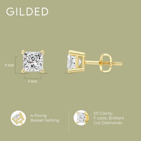 Gilded IGI Certified Lab-Grown Diamond 14KT White Gold and Yellow Gold Stud Earrings for Women| Hypoallergenic Fine Gold Jewelry | 4-Prong Basket, Screw Back Nut | VSI1 Clarity, E-F Color, Round Cut and Princess Cut | 1-2-3 Carat Total Weight in Kuwait