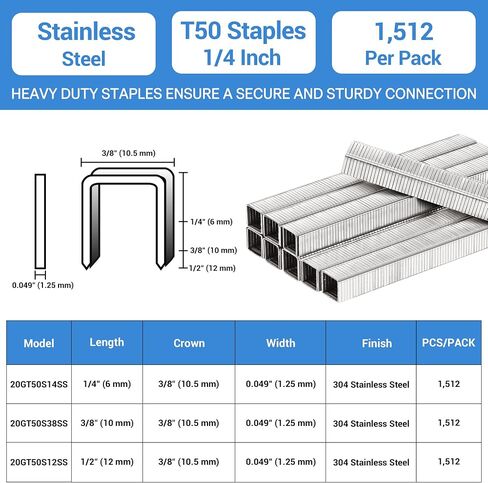 meite T50 Stainless Steel Staples Marine, 5/16 Inch Heavy Duty Staples for Staple Gun - 1512 Counts, 20 Gauge 3/8 Inch Crown T50 Upholstery Staple for Salt Water, Marine Applications in Kuwait