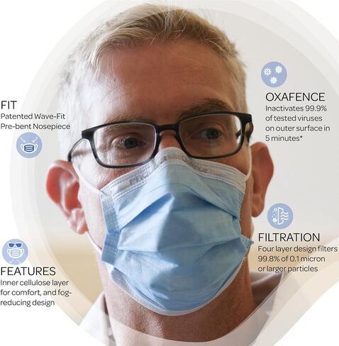 قناع الوجه من المستوى 3 ASTM مع Oxafence-FDA cleared ، من صنع الولايات المتحدة الأمريكية عن طريق حماية بروغير ، 4 فترات-معملة من أجل تعطيل 99.9 ٪ من الفيروسات المختبرة* in Saudi Arabia