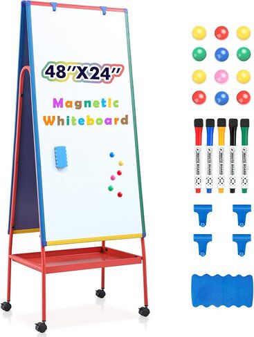 Mobile Dry Erase Board with Stand - 64.4" H Double Sided Portable Rolling Whiteboard Kids Easel for Classroom,Height Adjustable Magnetic White Board on Wheels for Home,School,36x24 inches in Kuwait