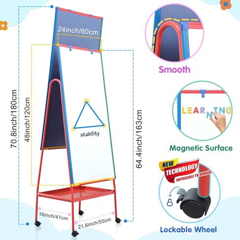 Mobile Dry Erase Board with Stand - 64.4" H Double Sided Portable Rolling Whiteboard Kids Easel for Classroom,Height Adjustable Magnetic White Board on Wheels for Home,School,36x24 inches in Kuwait
