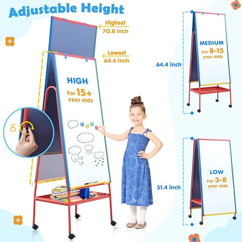 Mobile Dry Erase Board with Stand - 64.4" H Double Sided Portable Rolling Whiteboard Kids Easel for Classroom,Height Adjustable Magnetic White Board on Wheels for Home,School,36x24 inches in Kuwait