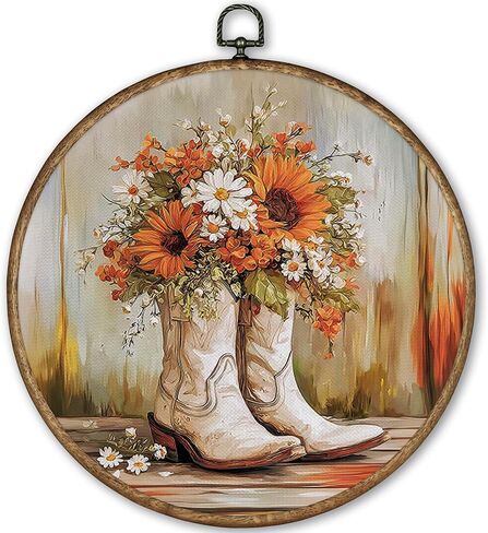 Tleske White Preppy Western Cowgirl Round Wall Art Decor ، حذاء رعاة البقر خمر مؤطرة قماش طباعة الجدار الفني الفني ، جدار معلق ، ديكور باب غرفة في سن المراهقة غرفة نوم نوم ، 10x10in in Kuwait