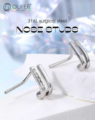 OUFER 2Pcs Nose Ring Stud, Fancy Unique Cross Double Rows 20G Nose Studs L-shaped Sparkling CZ Stainless Steel Small Tiny Silver Nose Piercing Jewelry for Women Men-7MM in Saudi Arabia