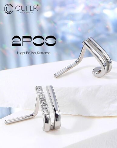 OUFER 2Pcs Nose Ring Stud, Fancy Unique Cross Double Rows 20G Nose Studs L-shaped Sparkling CZ Stainless Steel Small Tiny Silver Nose Piercing Jewelry for Women Men-7MM in Saudi Arabia