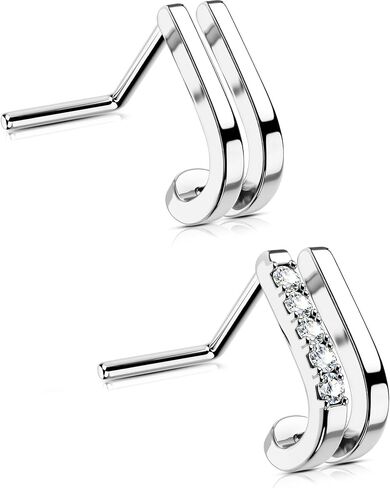 OUFER 2Pcs Nose Ring Stud, Fancy Unique Cross Double Rows 20G Nose Studs L-shaped Sparkling CZ Stainless Steel Small Tiny Silver Nose Piercing Jewelry for Women Men-7MM in Saudi Arabia