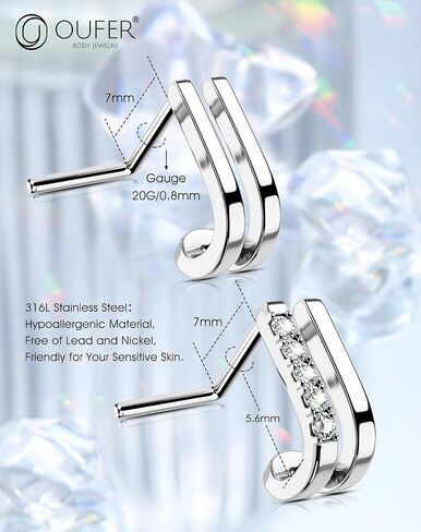 OUFER 2Pcs Nose Ring Stud, Fancy Unique Cross Double Rows 20G Nose Studs L-shaped Sparkling CZ Stainless Steel Small Tiny Silver Nose Piercing Jewelry for Women Men-7MM in Saudi Arabia