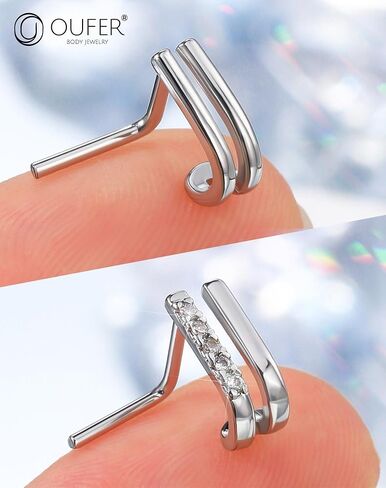 OUFER 2Pcs Nose Ring Stud, Fancy Unique Cross Double Rows 20G Nose Studs L-shaped Sparkling CZ Stainless Steel Small Tiny Silver Nose Piercing Jewelry for Women Men-7MM in Saudi Arabia