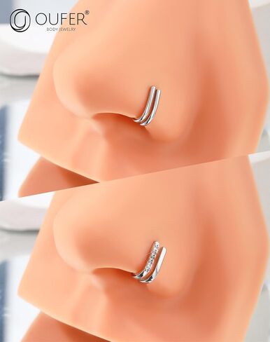 OUFER 2Pcs Nose Ring Stud, Fancy Unique Cross Double Rows 20G Nose Studs L-shaped Sparkling CZ Stainless Steel Small Tiny Silver Nose Piercing Jewelry for Women Men-7MM in Saudi Arabia