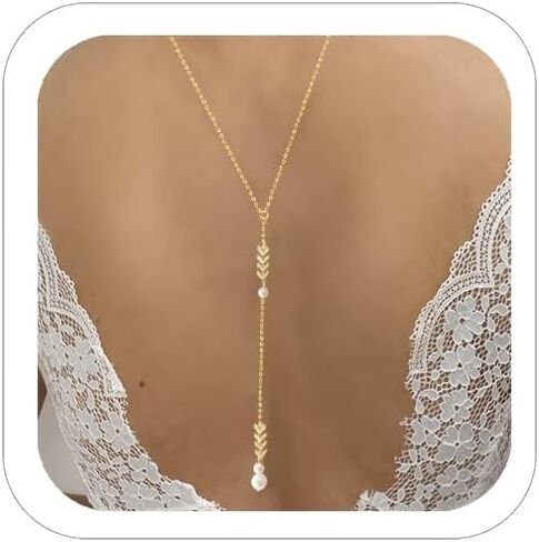 Pearls Back Chain Necklace Bridal Wedding Backdrop Body Jewelry for Women Summer Body Chain Necklace Shoulder Back Chain (Silver 2) in Saudi Arabia