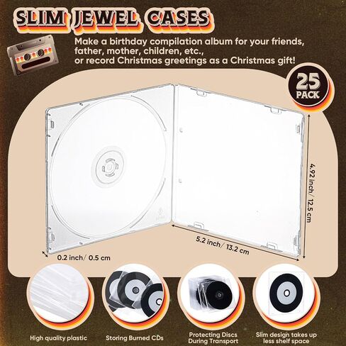 25 Pcs CD-R 700MB Black Surface,with 25 Pcs Clear Jewel Case | 80 Min Capacity, 52X Speed, White Inkjet Printable Center, 25 Jewel Cases Included, Music Archiving, Data Backup, Labels in Saudi Arabia