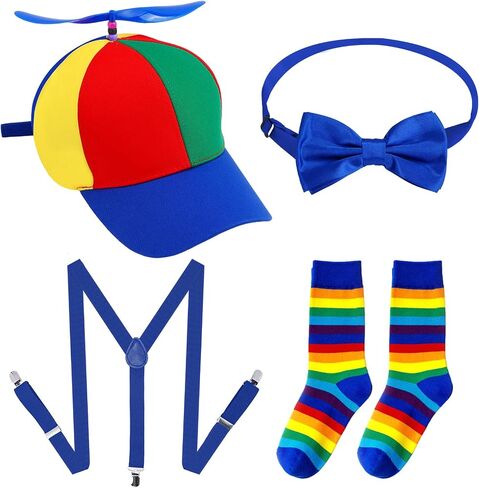 Propeller Top Hat Rainbow Nerd Silly Twirly Cap Helicopter Hat with Spinner, Y Back Style Suspenders, Clown Socks and Adjustable Bowtie for Costumes, Red Set in Saudi Arabia