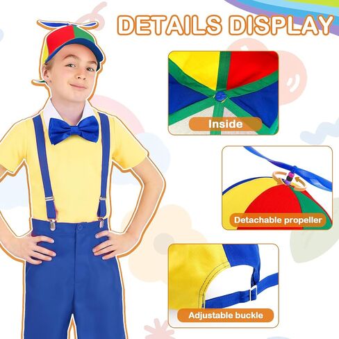 Propeller Top Hat Rainbow Nerd Silly Twirly Cap Helicopter Hat with Spinner, Y Back Style Suspenders, Clown Socks and Adjustable Bowtie for Costumes, Red Set in Saudi Arabia
