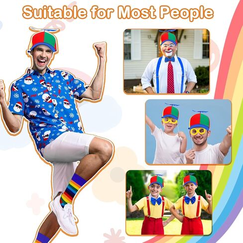 Propeller Top Hat Rainbow Nerd Silly Twirly Cap Helicopter Hat with Spinner, Y Back Style Suspenders, Clown Socks and Adjustable Bowtie for Costumes, Red Set in Saudi Arabia