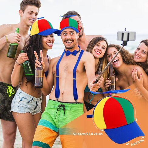 Propeller Top Hat Rainbow Nerd Silly Twirly Cap Helicopter Hat with Spinner, Y Back Style Suspenders, Clown Socks and Adjustable Bowtie for Costumes, Red Set in Saudi Arabia