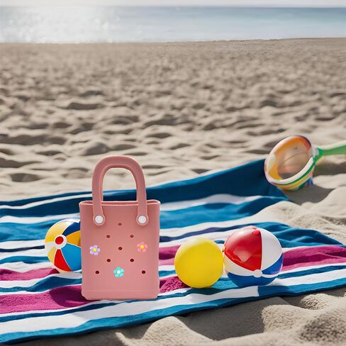 Mini Rubber Tote Bag, 6.5x8.0x3.1 inches,Waterproof Beach Bag with Random Charms, Small Beach Tote for Girls, Pink in Kuwait
