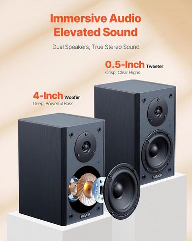 VEVOR Passive Bookshelf Speaker, 100W, Book Shelf Stereo Speakers with 6.5-Inch Woofer and 1-Inch Tweeter, Detachable Grille, 55Hz-20KHz Frequency Response, Wooden Enclosure, for Home Theater (1 Pair) in Saudi Arabia