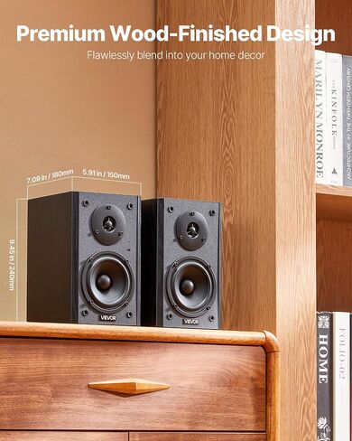 VEVOR Passive Bookshelf Speaker, 100W, Book Shelf Stereo Speakers with 6.5-Inch Woofer and 1-Inch Tweeter, Detachable Grille, 55Hz-20KHz Frequency Response, Wooden Enclosure, for Home Theater (1 Pair) in Saudi Arabia