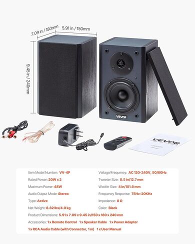 VEVOR Passive Bookshelf Speaker, 100W, Book Shelf Stereo Speakers with 6.5-Inch Woofer and 1-Inch Tweeter, Detachable Grille, 55Hz-20KHz Frequency Response, Wooden Enclosure, for Home Theater (1 Pair) in Saudi Arabia