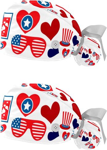 2-Pack Scrub Caps Women with Button,July 4th Holiday Independence Day,Adjustable Bouffant Surgical Caps with Ponytail Holder Multicoloured in Saudi Arabia