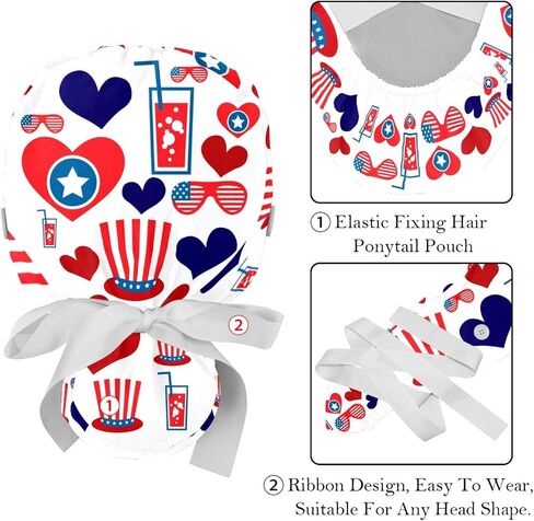 2-Pack Scrub Caps Women with Button,July 4th Holiday Independence Day,Adjustable Bouffant Surgical Caps with Ponytail Holder Multicoloured in Saudi Arabia