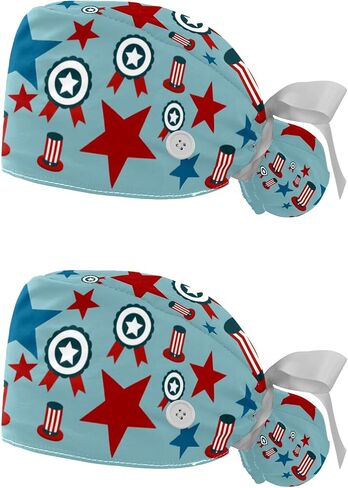 2-Pack Scrub Caps Women with Button,July 4th Holiday Independence Day,Adjustable Bouffant Surgical Caps with Ponytail Holder Multicoloured in Saudi Arabia