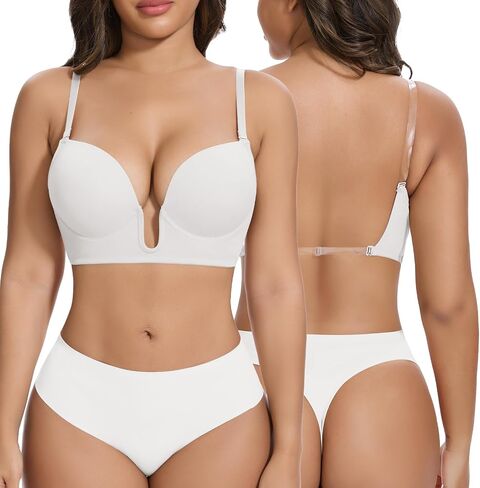 JOYSHAPER Low Cut Bras for Women Deep Plunge Cleavage Backless Bra Underwire Convertible Push up Halter Bra with Clear Straps in Saudi Arabia