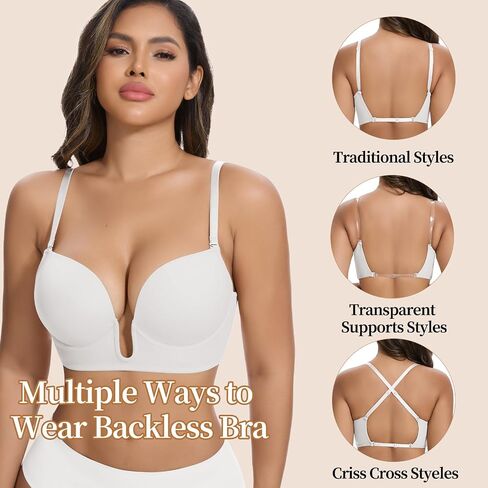 JOYSHAPER Low Cut Bras for Women Deep Plunge Cleavage Backless Bra Underwire Convertible Push up Halter Bra with Clear Straps in Saudi Arabia