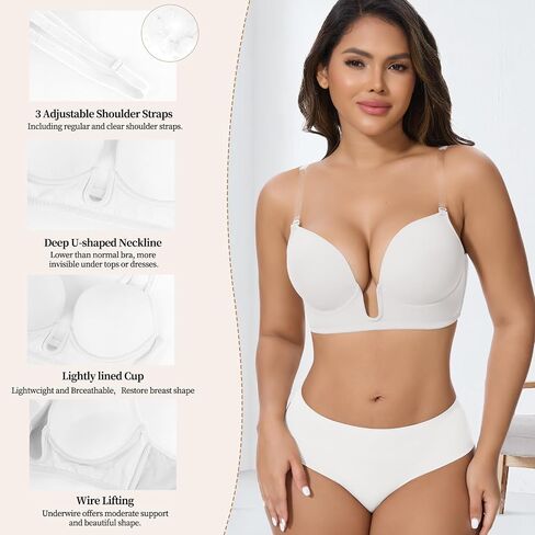 JOYSHAPER Low Cut Bras for Women Deep Plunge Cleavage Backless Bra Underwire Convertible Push up Halter Bra with Clear Straps in Saudi Arabia