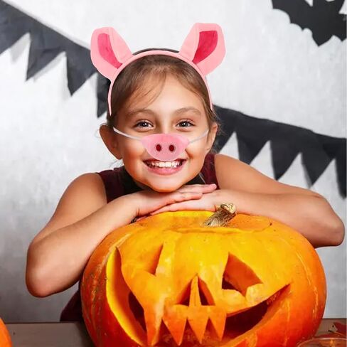 Pig Costume Set for Women Adult Pink Pig Ears Headband Nose Bow Tie and Tail Halloween Piglet Ears Costume Adult Animal Cosplay Dress Kit Accessories in Kuwait