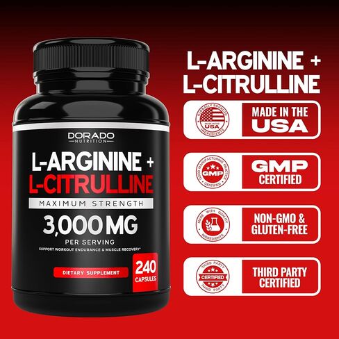 L Arginine L Citrulline Supplement Powder (3g) Nitric Oxide Booster Powder - L-Citrulline Supplements for Men & Women - Stamina, Performance & Endurance for Workouts - Vegan Safe & USA Made in Kuwait