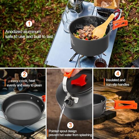15pcs Camping Cookware Kit,Camping Cookware Mess Kit with 3500W Stove,Pot,Pan,Kettle Set with Stainless Steel Cup,Forks Knives Spoons for Hiking,Camping,Outdoor Cooking and Picnic in Kuwait