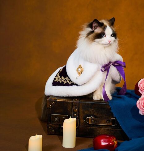 رداء الحيوانات الأليفة من Lovelyshop pet بنمط التتويج الملكي التسلسلي باللون الأبيض من الفرو الصناعي لأزياء الهالوين، زي الملك والملكة الأمير والأميرة - مقاس صغير in Saudi Arabia